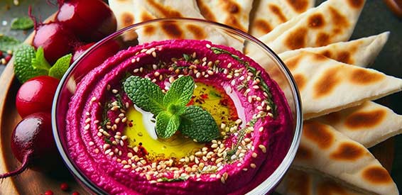 Hummus z červené řepy ozdobený čerstvou mátou